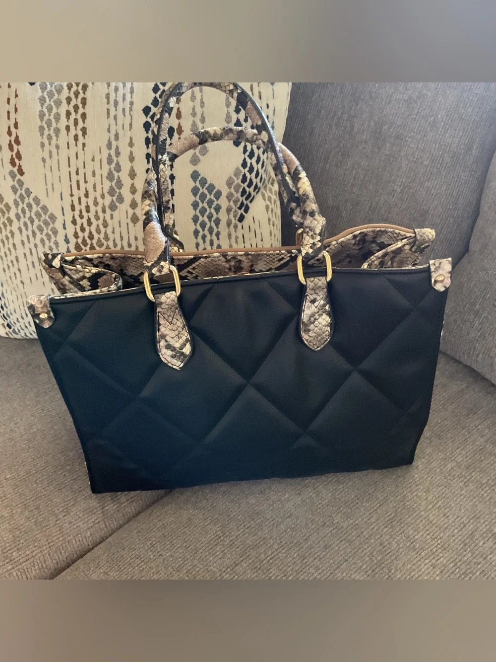 Chico’s Structured Camel and Black Tote Handbag with Snake-Print Trim NWOT